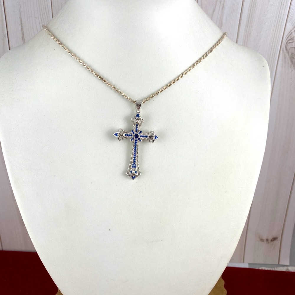 Sold Blue Sapphires 925 Silver Cross - Picture 2 of 10